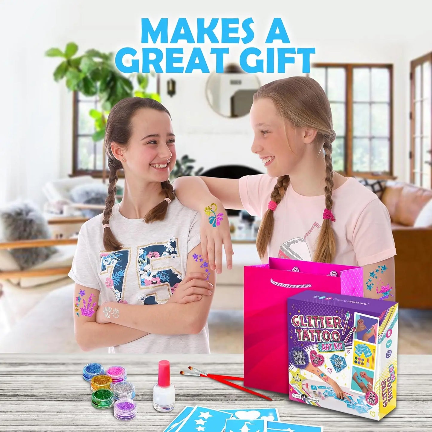 Glitter Tattoo Kit - 33-Piece Multicolor Set, Ages 3-8, 24 Stencils, 6 Color Pots, 2 Brushes & Adhesive - Glitter Tattoos for Kids & Sleepover Valentines Day Party Supplies