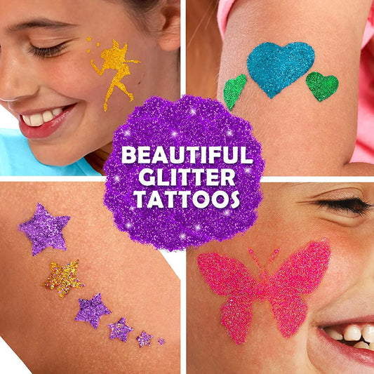 Glitter Tattoo Kit - 33-Piece Multicolor Set, Ages 3-8, 24 Stencils, 6 Color Pots, 2 Brushes & Adhesive - Glitter Tattoos for Kids & Sleepover Valentines Day Party Supplies